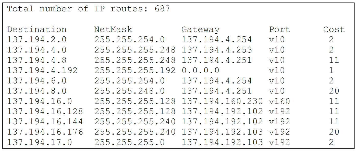 Exemple de table de routage avec destinations, masques, passerelles et coûts